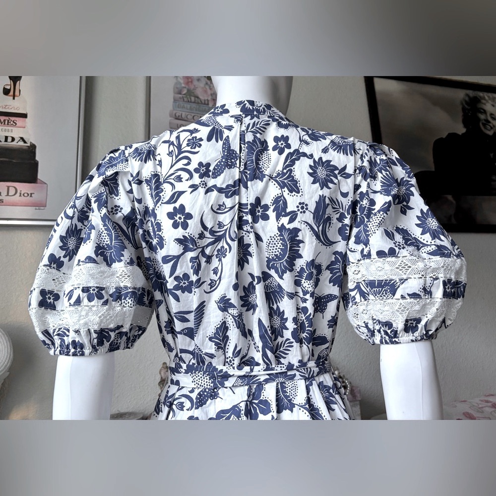Pinch Midi Dress Lacey Cotton Tiered Floral Removable Belt Blue & White Size M - Picture 5 of 11